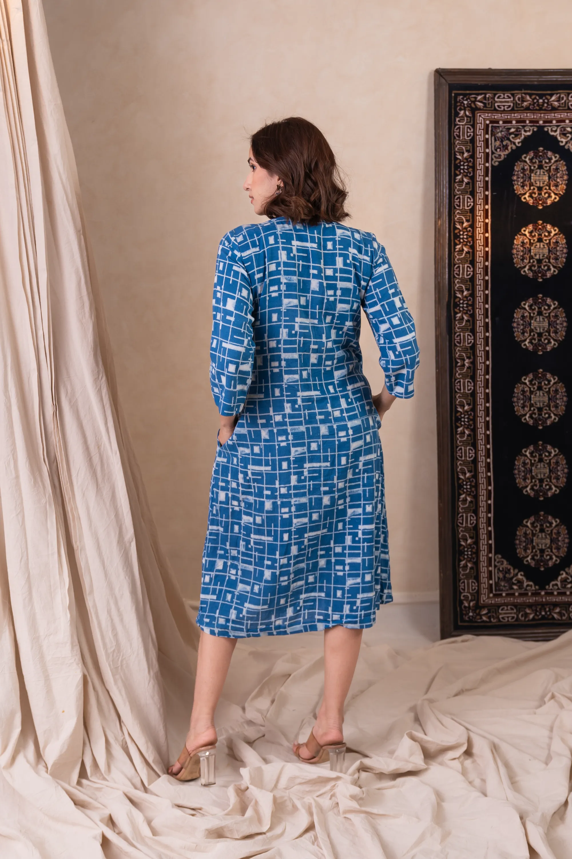Aakruti Indigo Blue Dabu Cotton Dress | Ray-ethnic