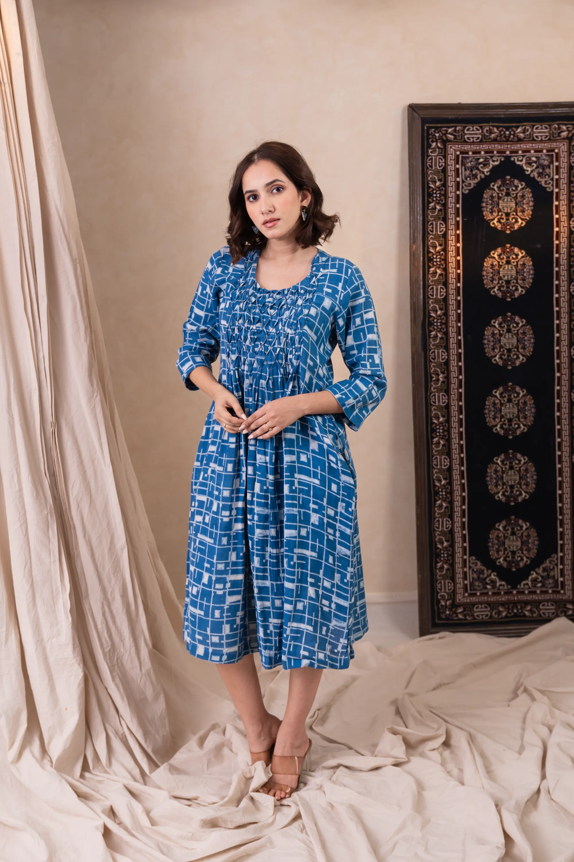 Aakruti Indigo Blue Dabu Cotton Dress | Ray-ethnic