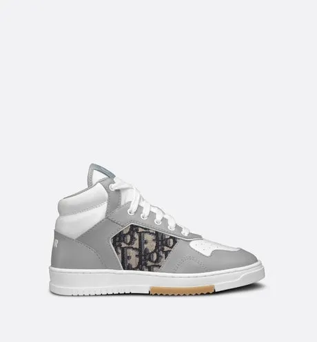 B27 Kid's High-Top Sneaker • Gray and White Smooth Calfskin with Beige and Black Dior Oblique Jacquard