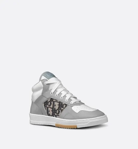 B27 Kid's High-Top Sneaker • Gray and White Smooth Calfskin with Beige and Black Dior Oblique Jacquard