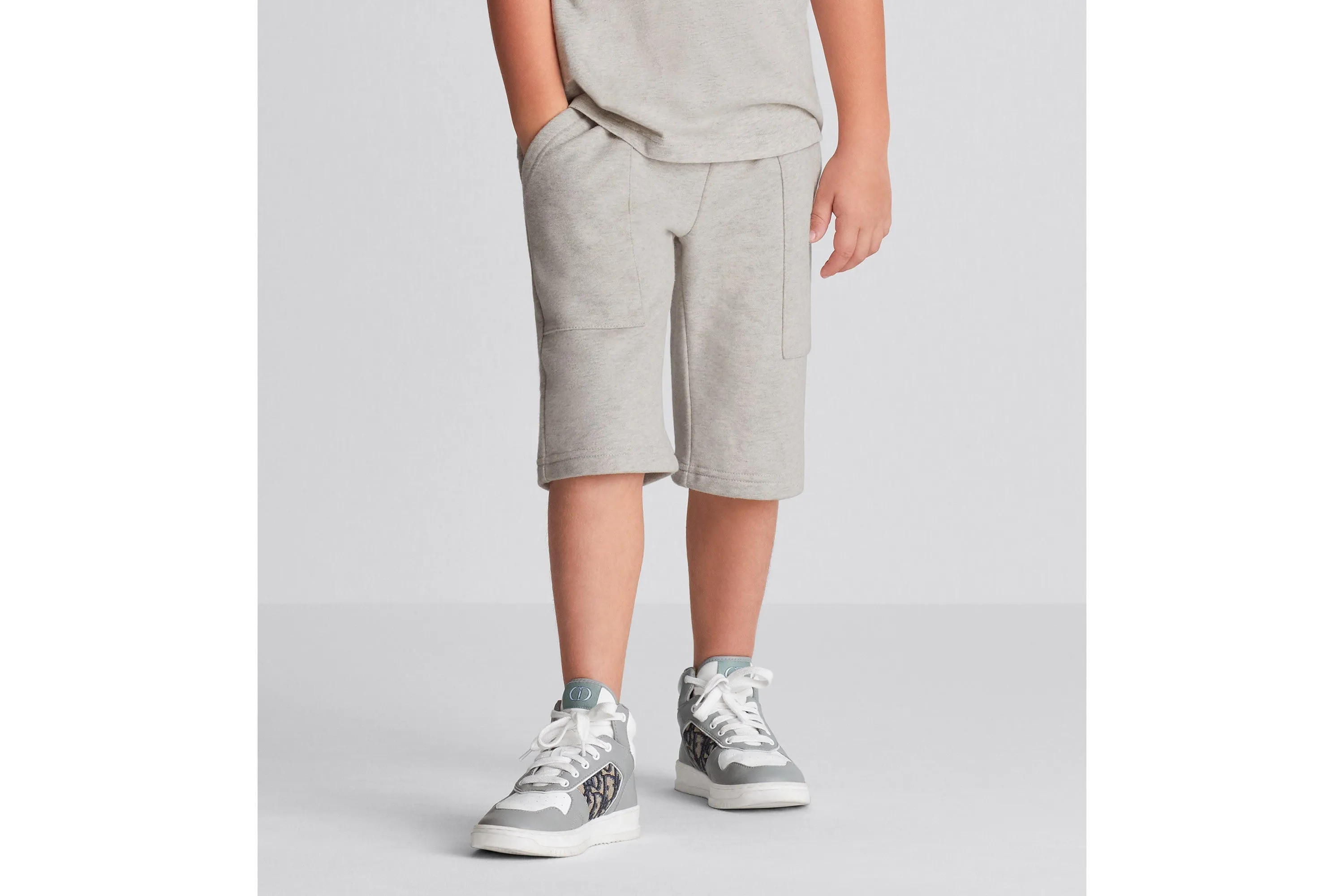 B27 Kid's High-Top Sneaker • Gray and White Smooth Calfskin with Beige and Black Dior Oblique Jacquard