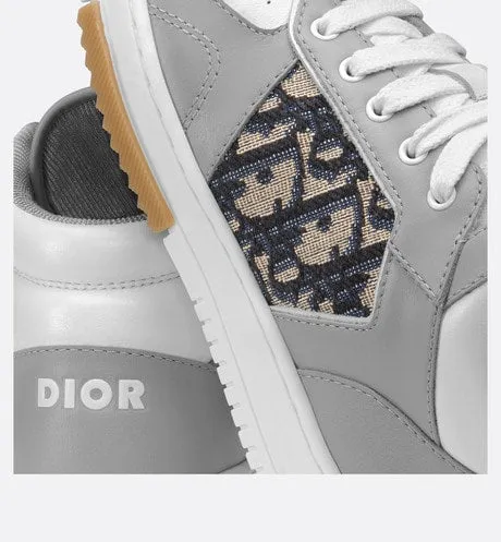 B27 Kid's High-Top Sneaker • Gray and White Smooth Calfskin with Beige and Black Dior Oblique Jacquard