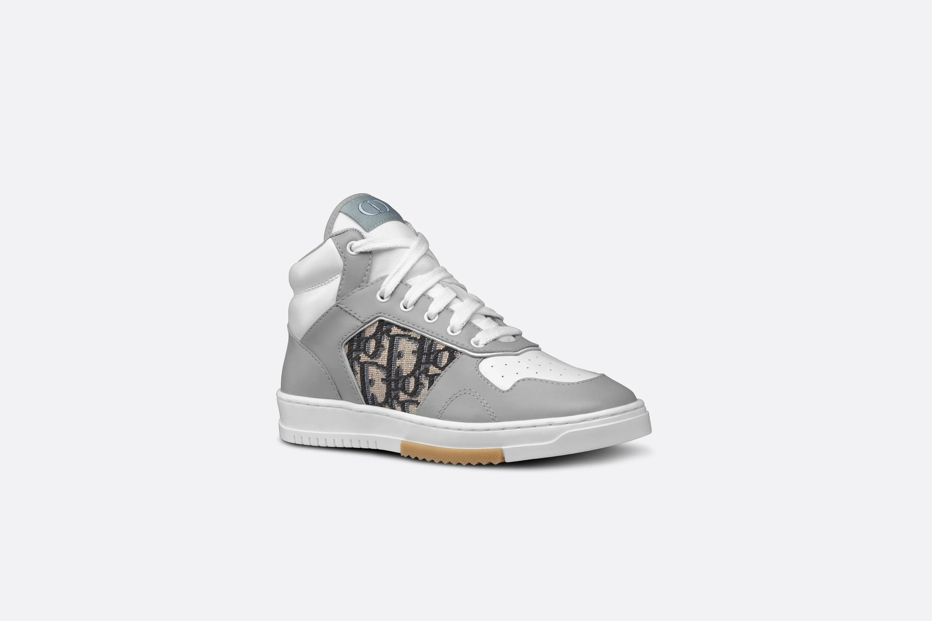B27 Kid's High-Top Sneaker • Gray and White Smooth Calfskin with Beige and Black Dior Oblique Jacquard