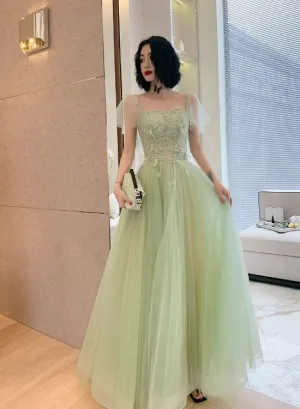 Beautiful Green Tulle Long Prom Dress with Lace, Green Evening Party Dresses