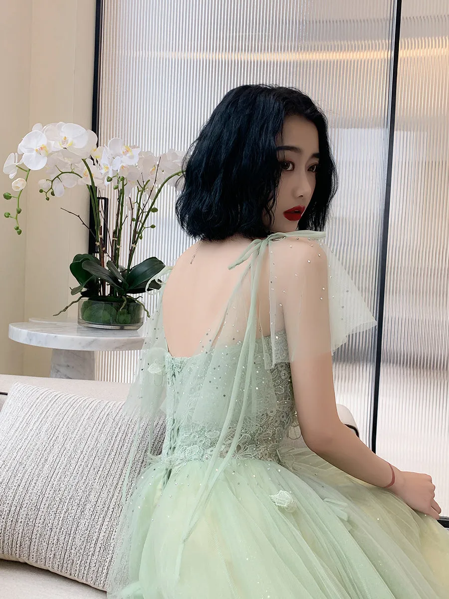 Beautiful Green Tulle Long Prom Dress with Lace, Green Evening Party Dresses
