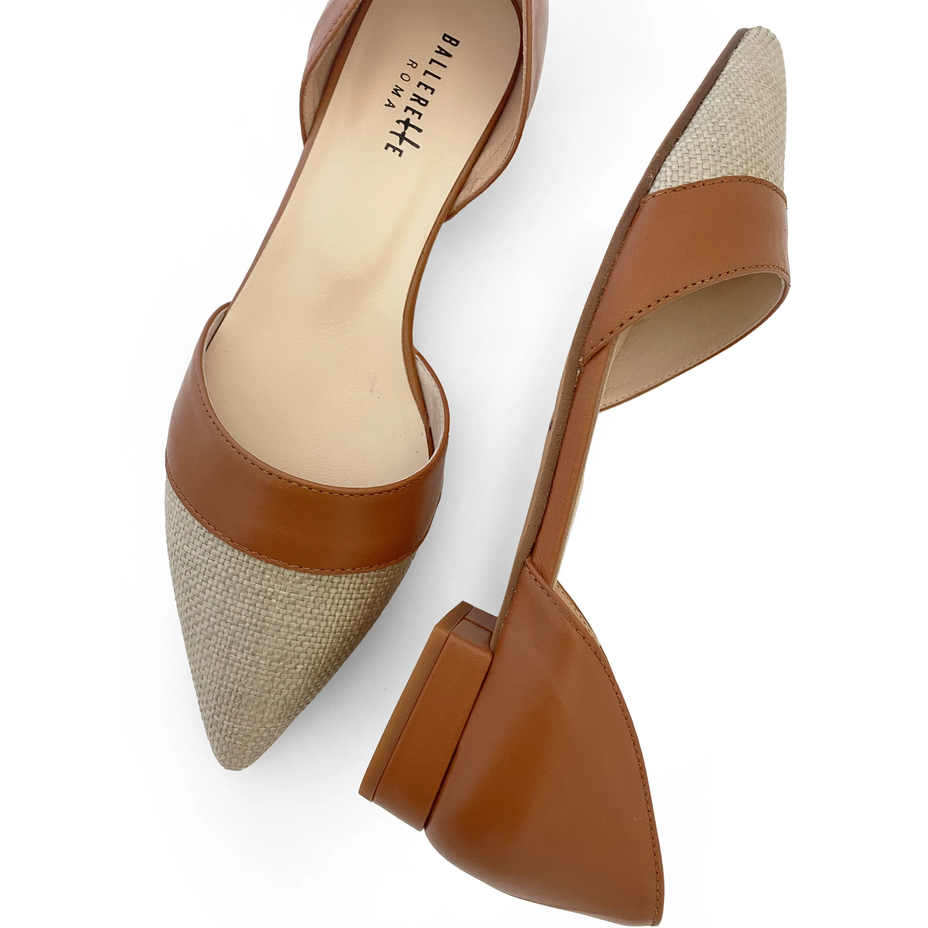 Beige jute d'Orsay ballet flats with brick leather details