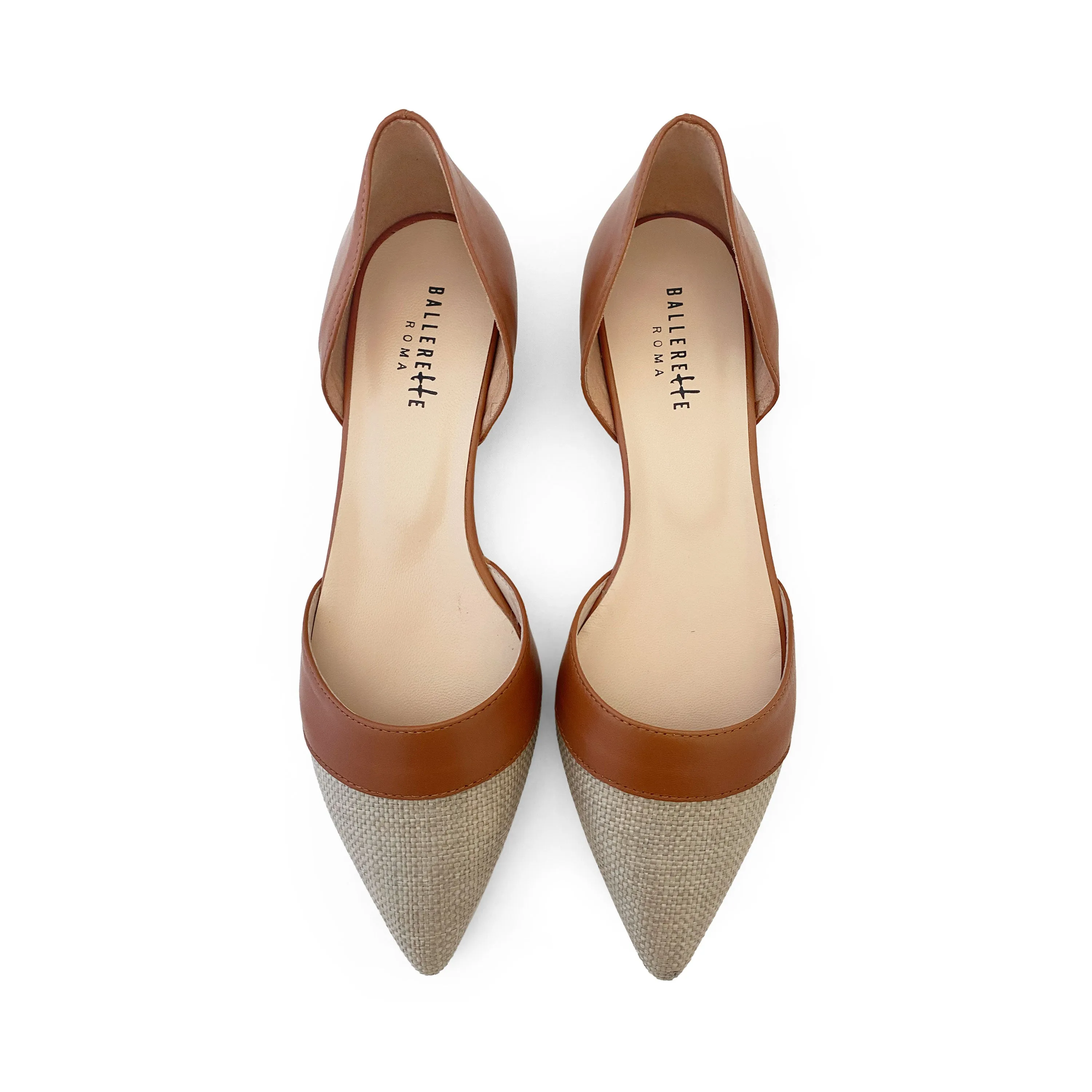 Beige jute d'Orsay ballet flats with brick leather details