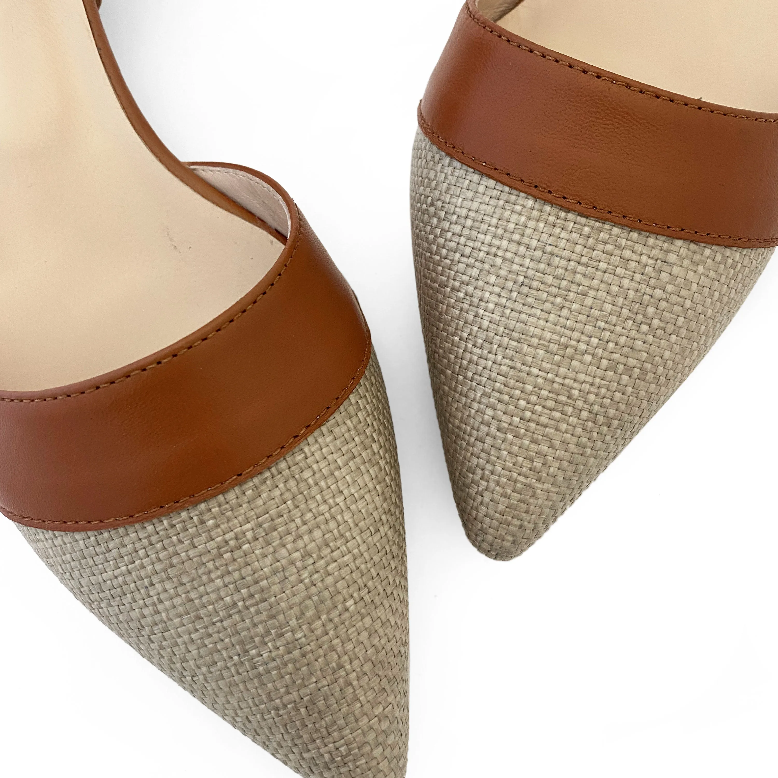 Beige jute d'Orsay ballet flats with brick leather details