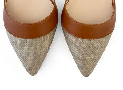 Beige jute d'Orsay ballet flats with brick leather details