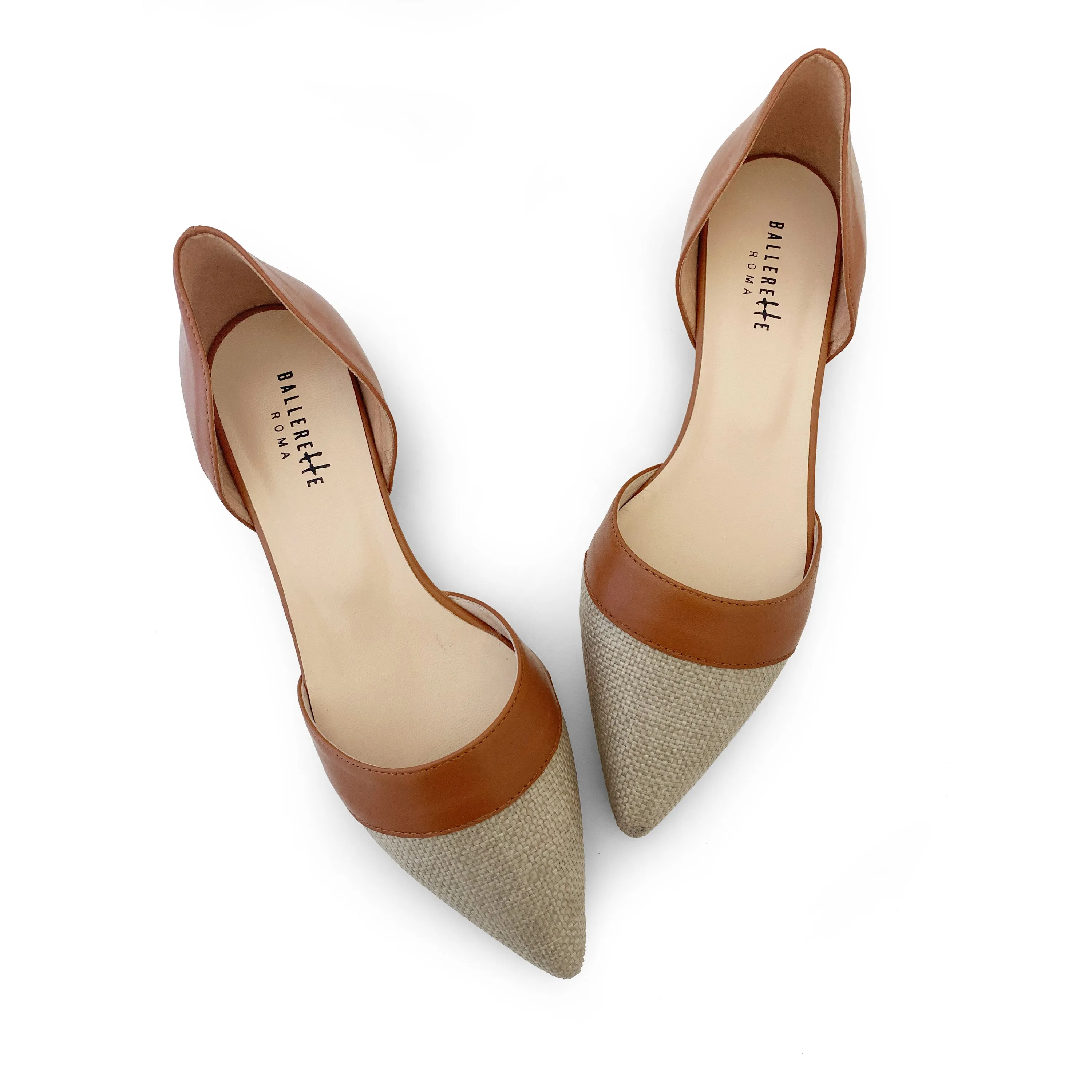 Beige jute d'Orsay ballet flats with brick leather details