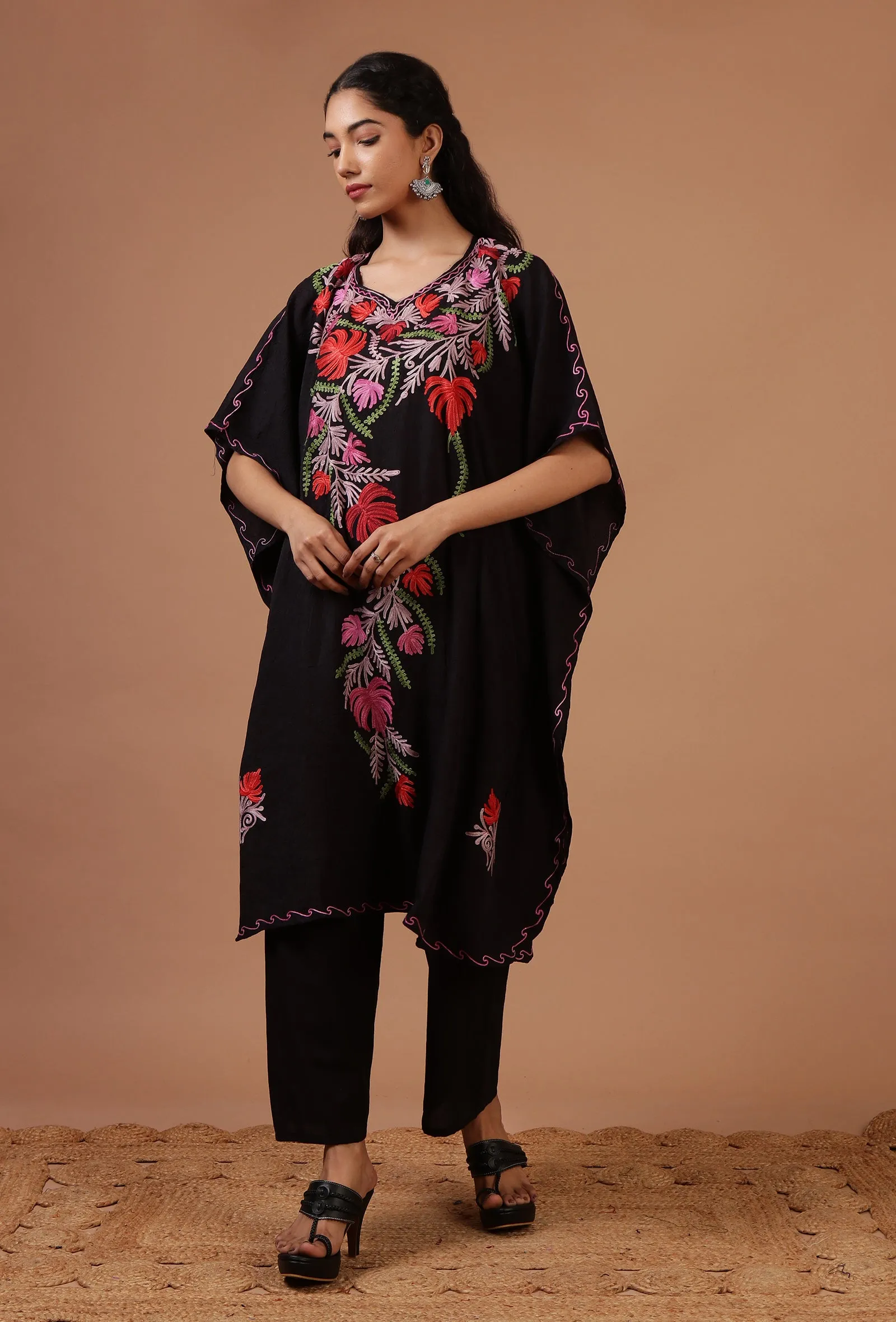 Black Cotton Crush Ari Embroidered Kaftan- Free Size
