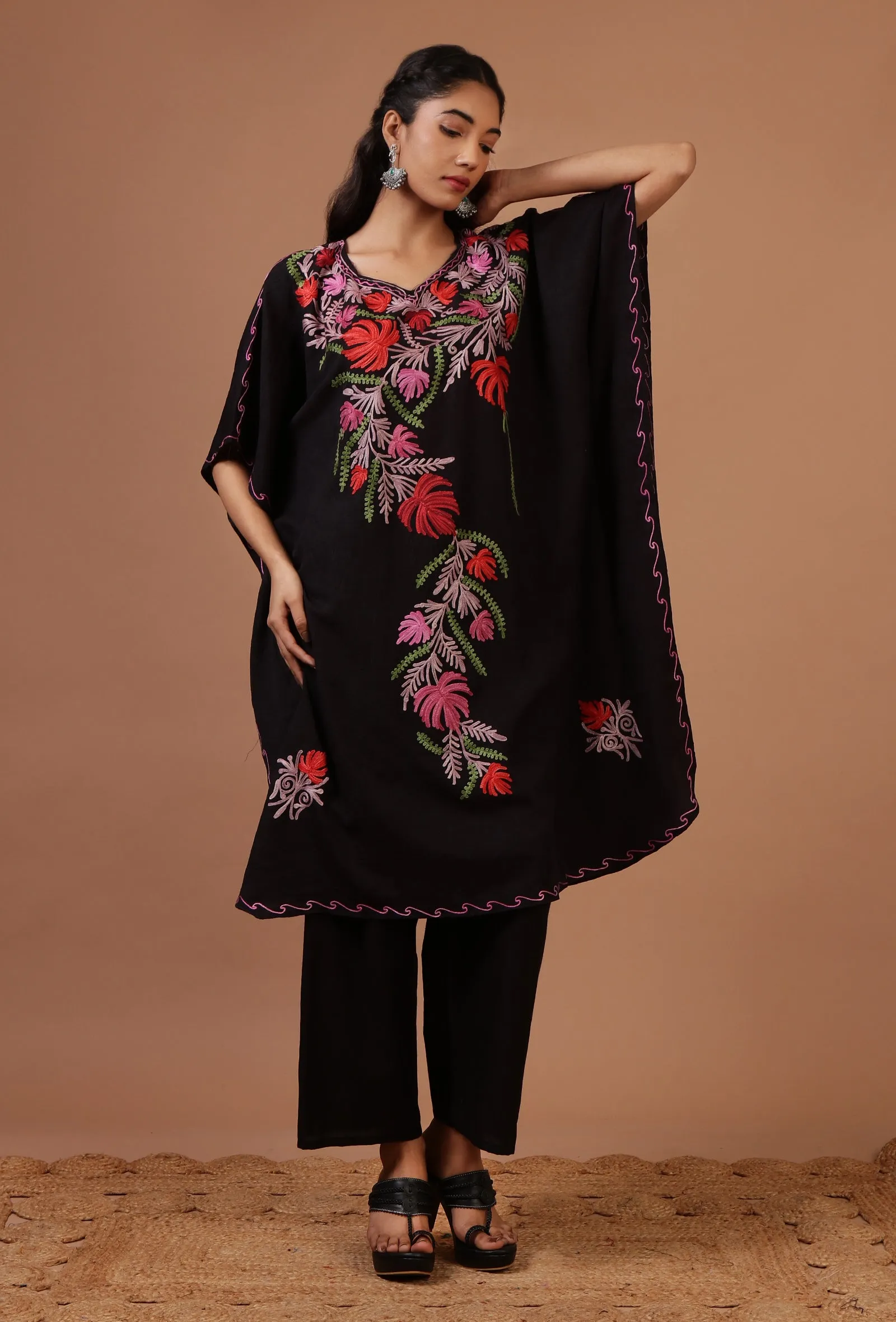 Black Cotton Crush Ari Embroidered Kaftan- Free Size