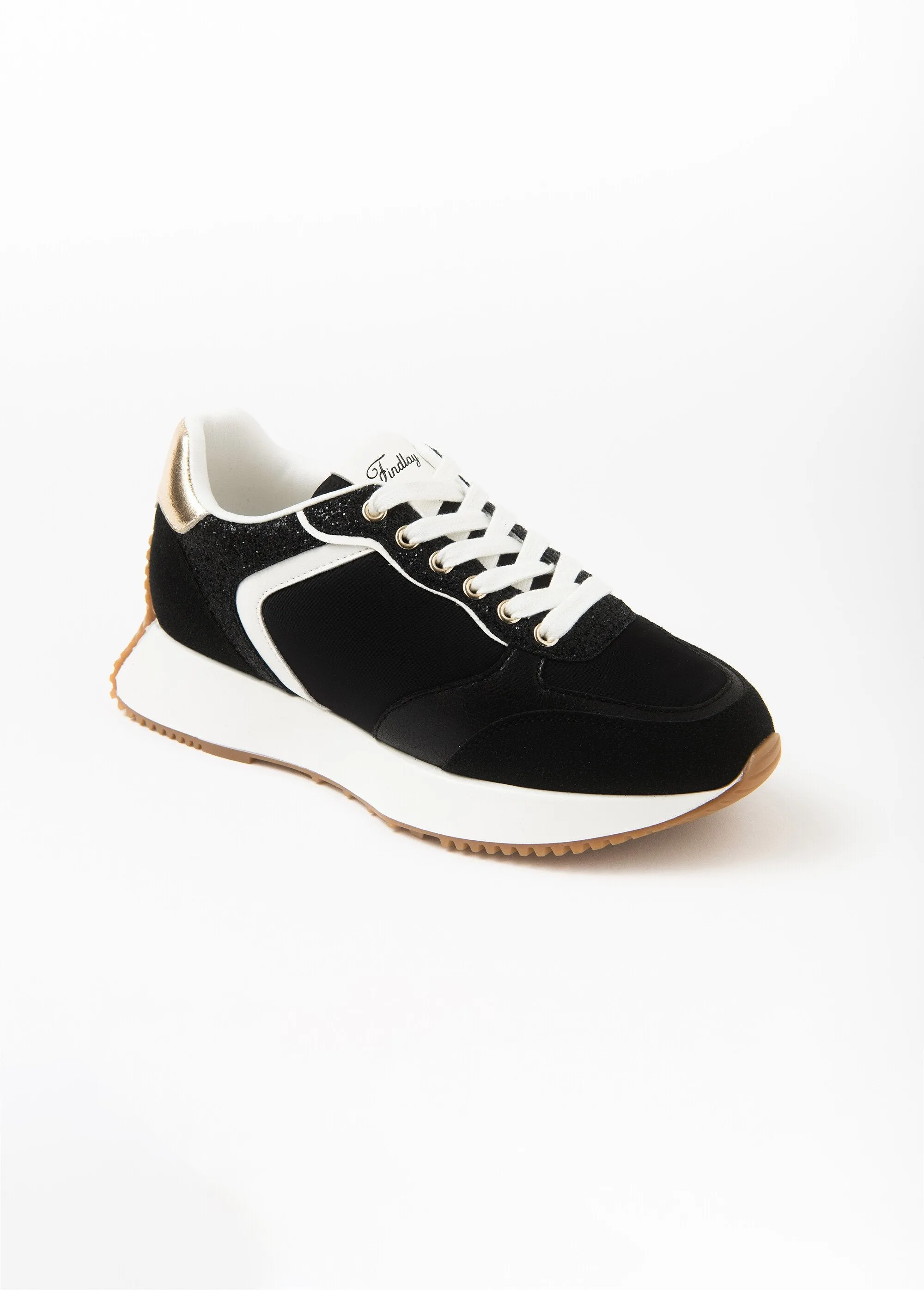 Black sneakers with gold detail and thick sole