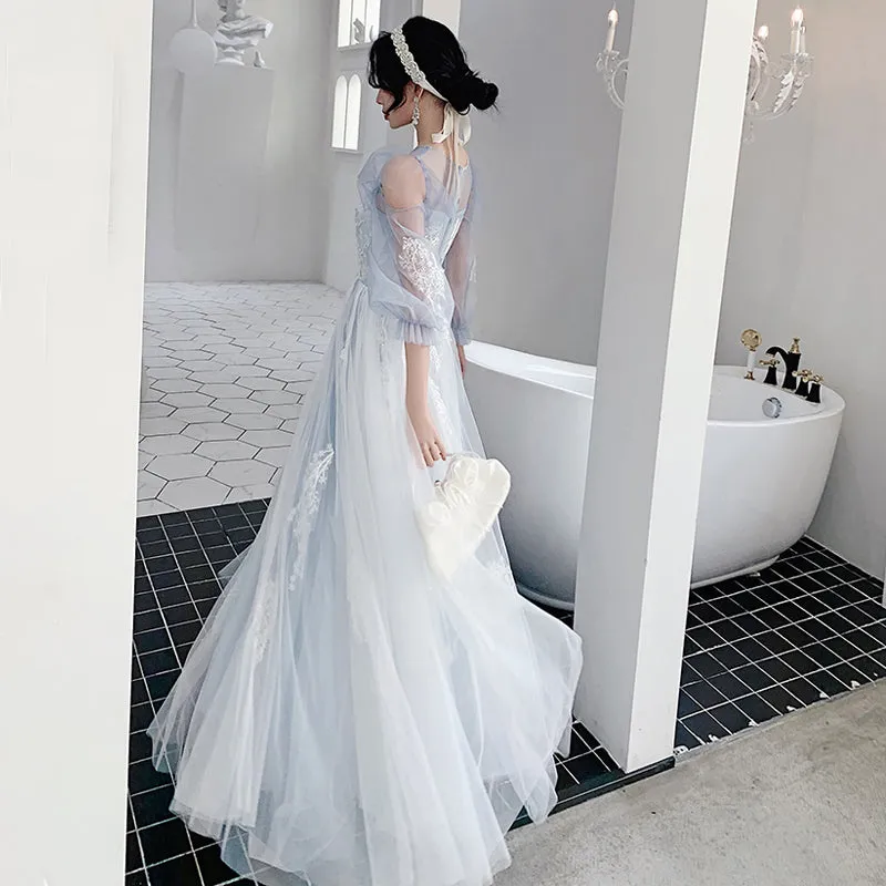 Blue Tulle with Lace Long Sleeves Floor Length Party Dress,A-line Tulle Evening Gown