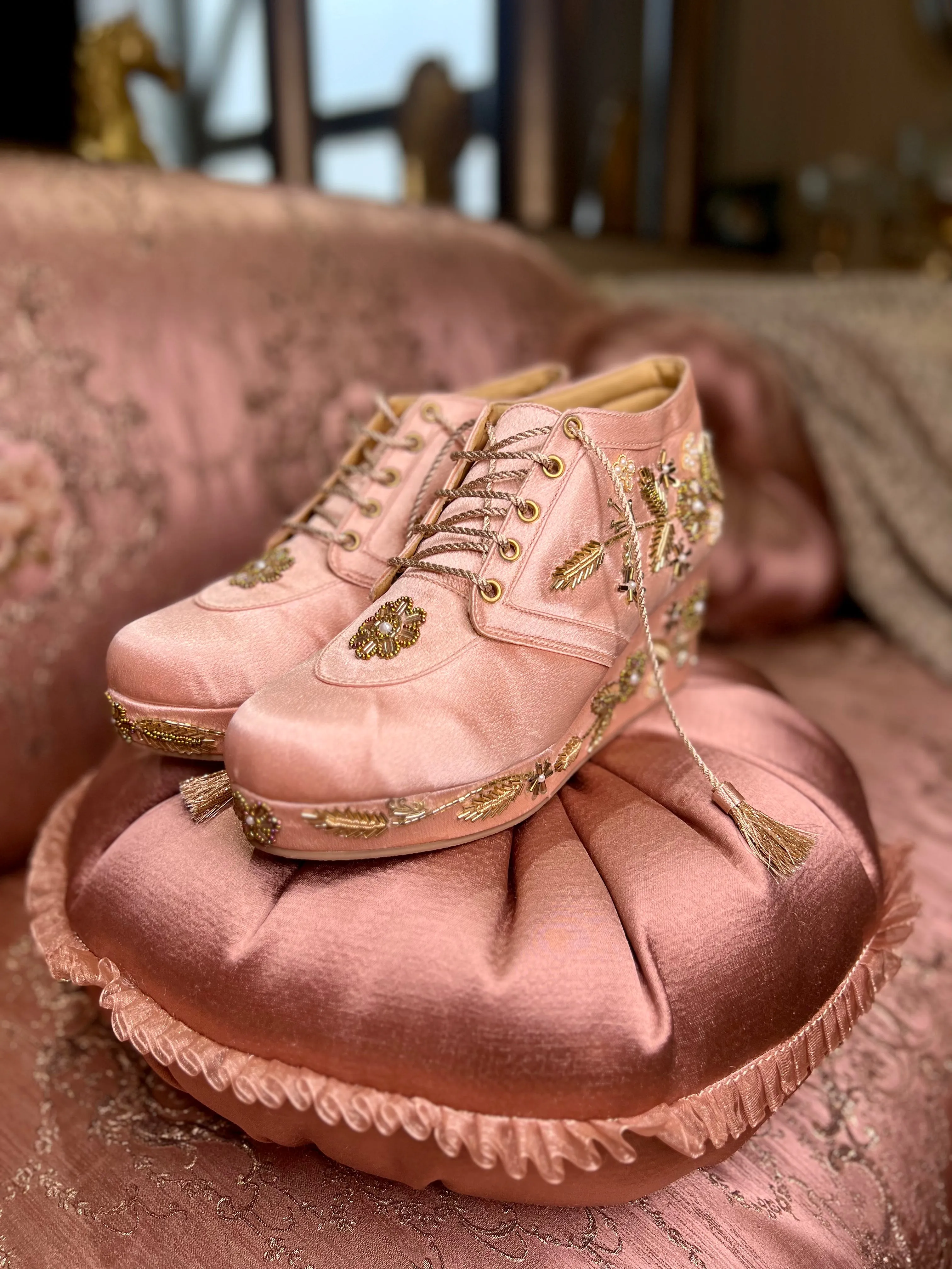 Blush Pink Embroidered Wedge Sneakers