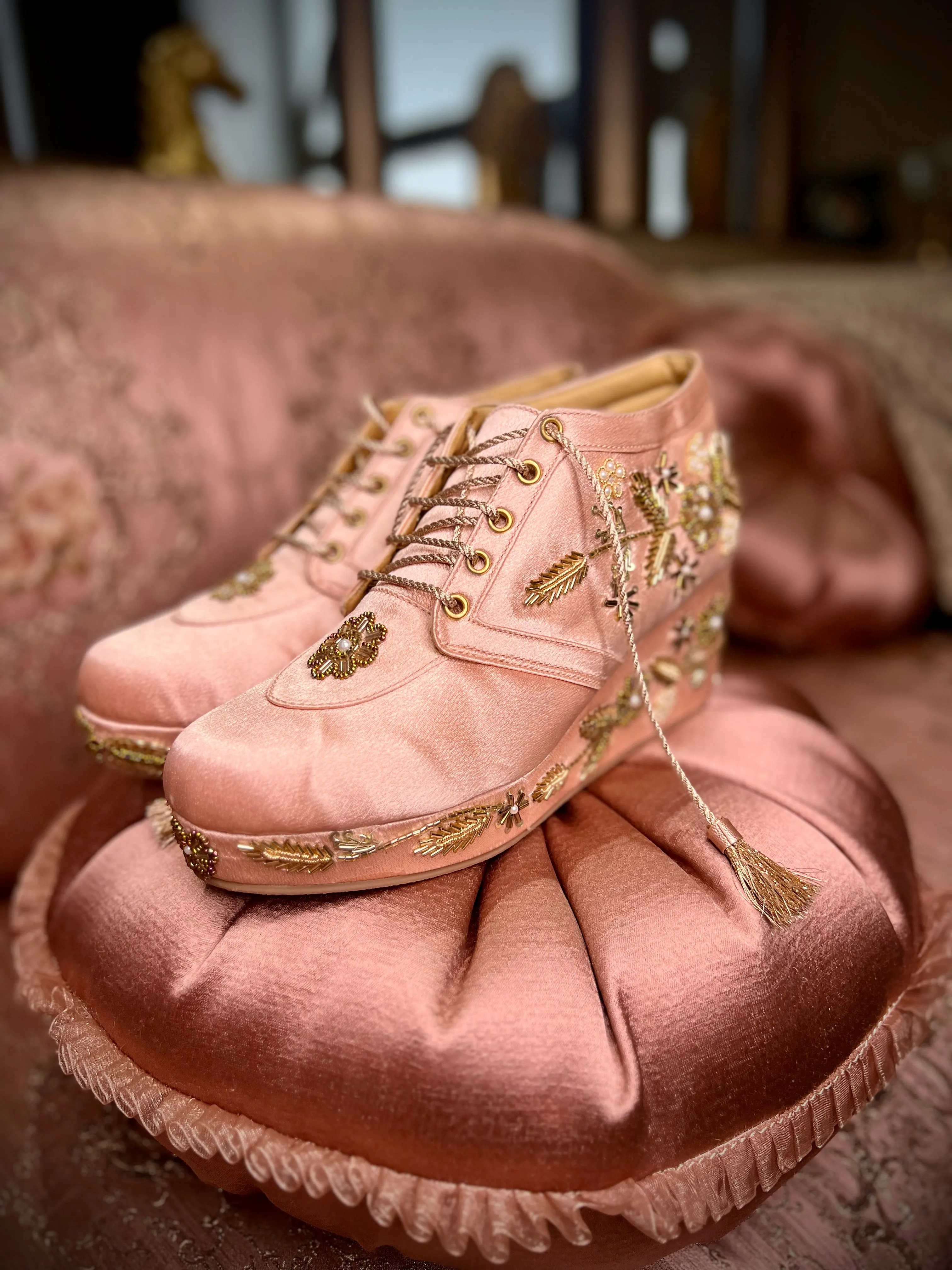 Blush Pink Embroidered Wedge Sneakers