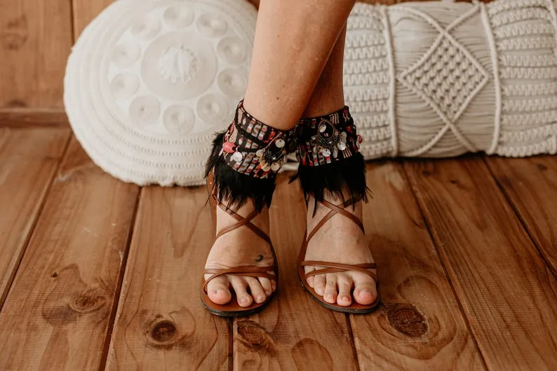 Boho Decorative Sandal Ankle Wraps with Feather Fringe & Beads