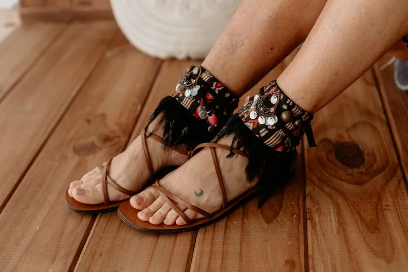 Boho Decorative Sandal Ankle Wraps with Feather Fringe & Beads