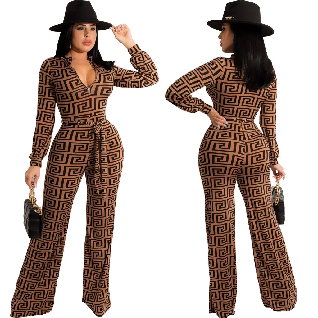 Bold Printed Long-Sleeved V-Neck Jumpsuit for Effortless Glamour