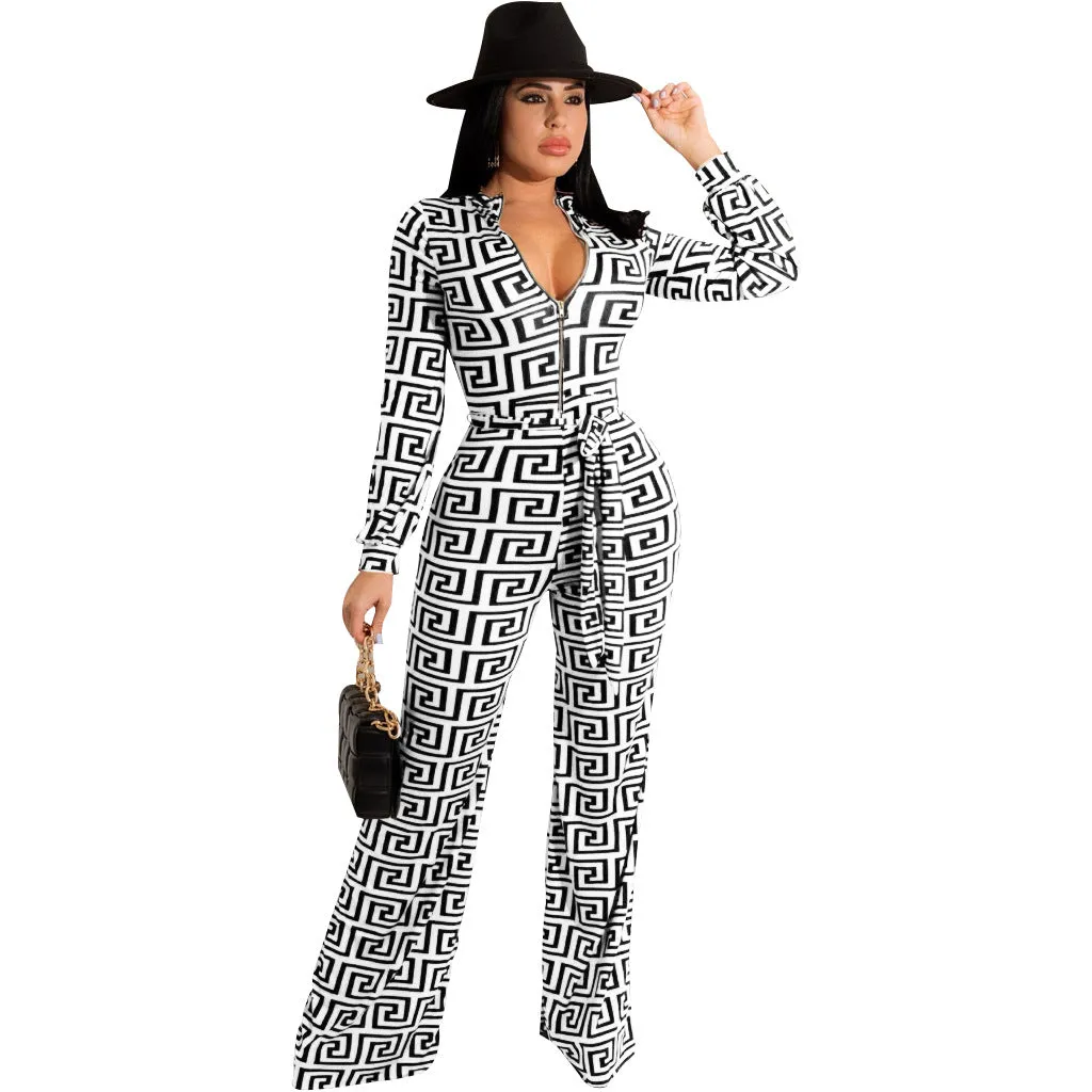 Bold Printed Long-Sleeved V-Neck Jumpsuit for Effortless Glamour