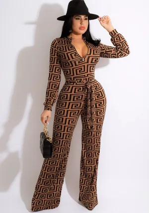 Bold Printed Long-Sleeved V-Neck Jumpsuit for Effortless Glamour