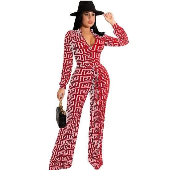 Bold Printed Long-Sleeved V-Neck Jumpsuit for Effortless Glamour