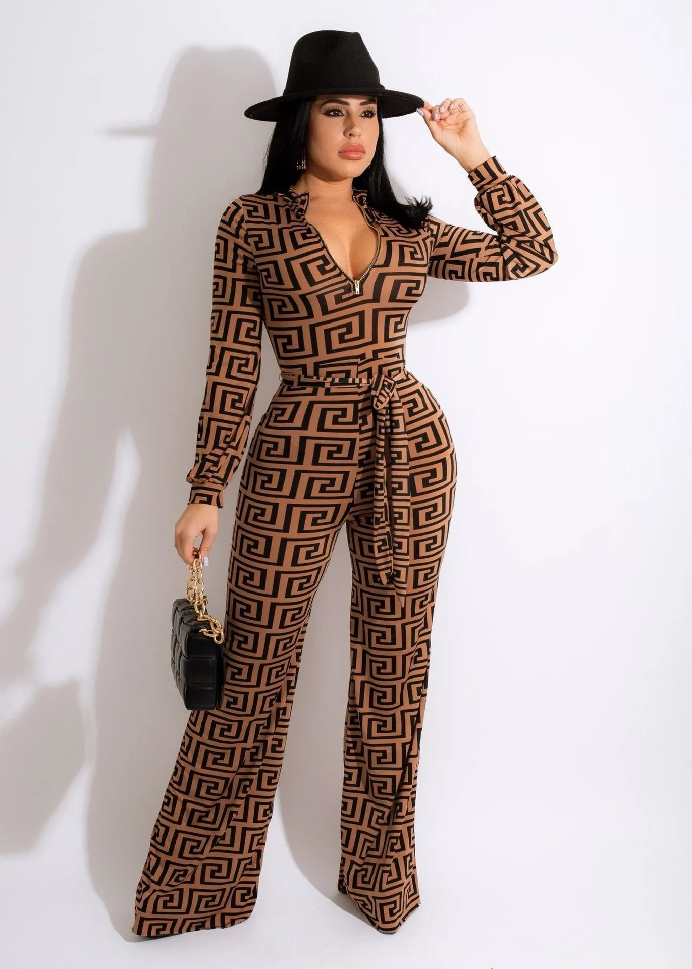 Bold Printed Long-Sleeved V-Neck Jumpsuit for Effortless Glamour
