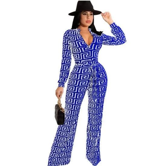 Bold Printed Long-Sleeved V-Neck Jumpsuit for Effortless Glamour