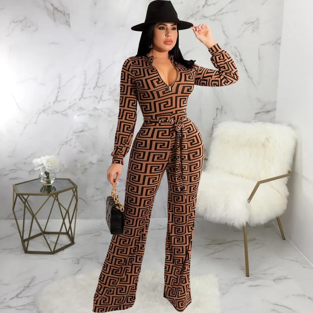 Bold Printed Long-Sleeved V-Neck Jumpsuit for Effortless Glamour