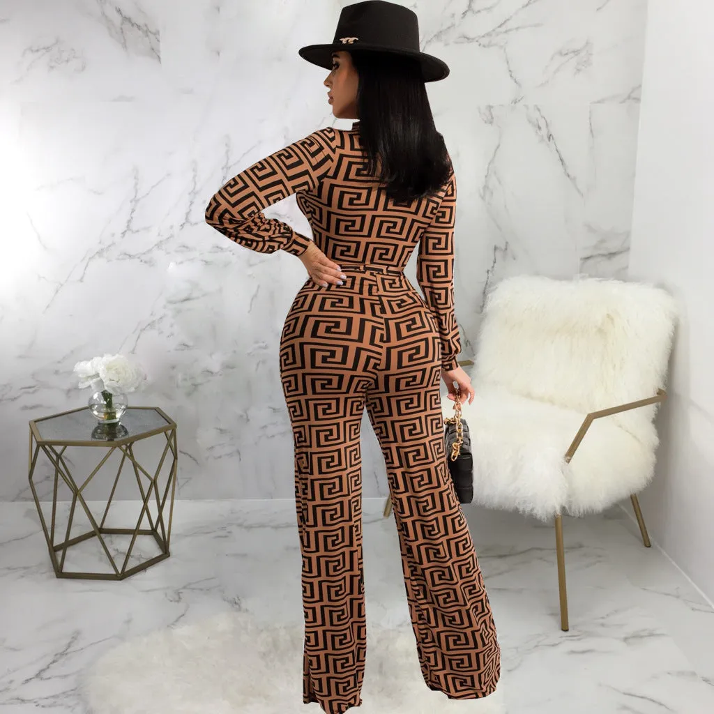 Bold Printed Long-Sleeved V-Neck Jumpsuit for Effortless Glamour