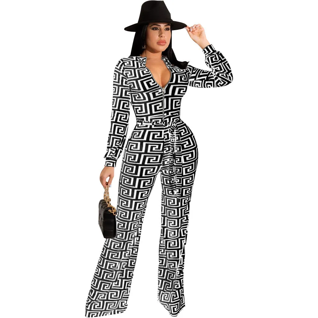 Bold Printed Long-Sleeved V-Neck Jumpsuit for Effortless Glamour