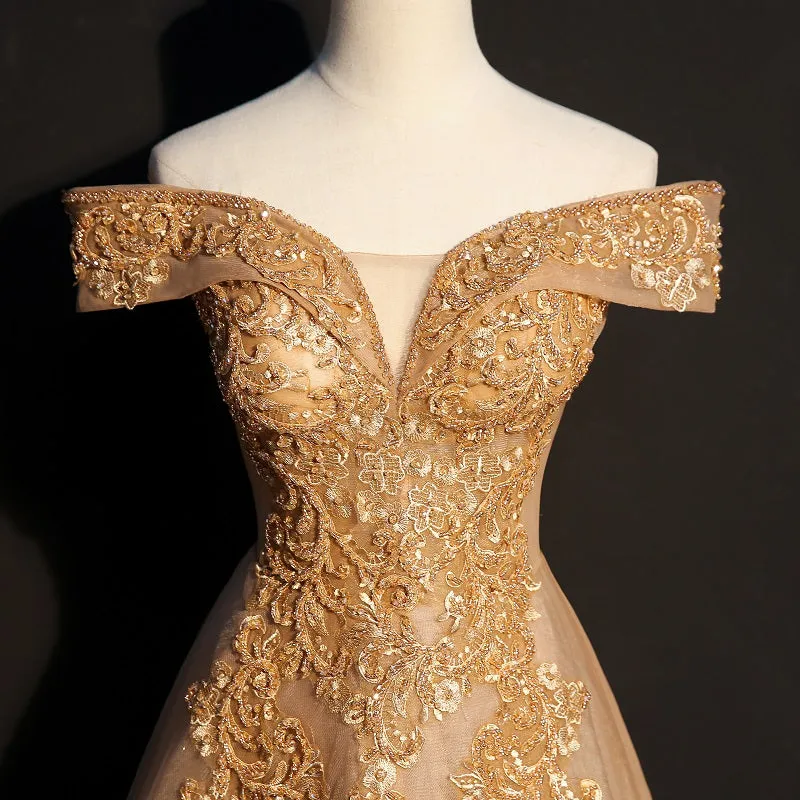 Champagne Tulle Off Shoulder Lace Applique Party Dress, A-line Floor Length Long Evening Dress