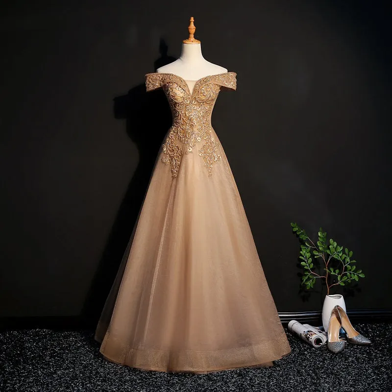 Champagne Tulle Off Shoulder Lace Applique Party Dress, A-line Floor Length Long Evening Dress