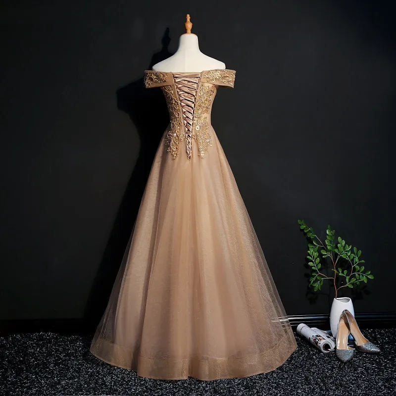 Champagne Tulle Off Shoulder Lace Applique Party Dress, A-line Floor Length Long Evening Dress