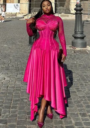 Chic Lace Long Sleeve Shirt and High-Waist Skirt Two-Piece Set