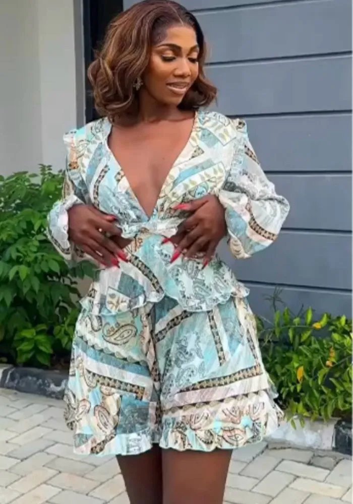 Chic Printed V-Neck Hollow Long-Sleeve Top and Ruffled Skirt Pants Two-Piece Set