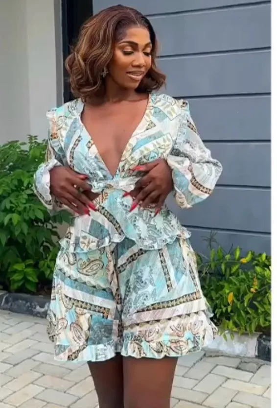 Chic Printed V-Neck Hollow Long-Sleeve Top and Ruffled Skirt Pants Two-Piece Set