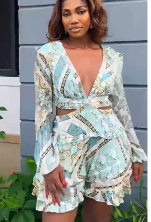 Chic Printed V-Neck Hollow Long-Sleeve Top and Ruffled Skirt Pants Two-Piece Set