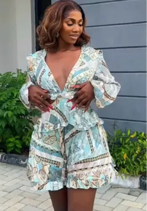 Chic Printed V-Neck Hollow Long-Sleeve Top and Ruffled Skirt Pants Two-Piece Set