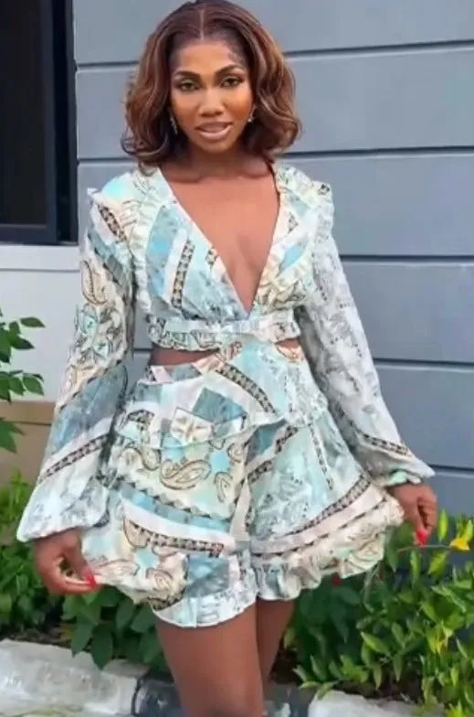 Chic Printed V-Neck Hollow Long-Sleeve Top and Ruffled Skirt Pants Two-Piece Set