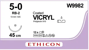 Coated Vicryl™ Sutures TAPERPOINT Needles RB–2 | 5–0 | 1/2 Circle | 13mm | 45cm | Undyed | Braided | Box of 36