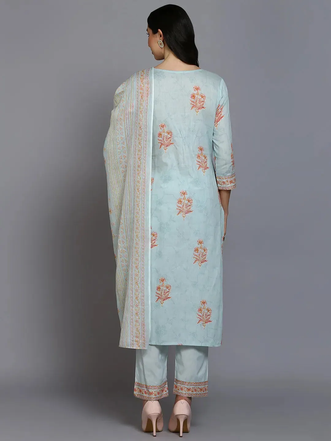 Cotton Blend Blue Printed Straight Kurta Pant-VKSKD1886