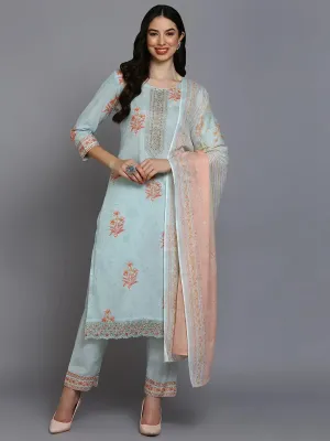 Cotton Blend Blue Printed Straight Kurta Pant-VKSKD1886