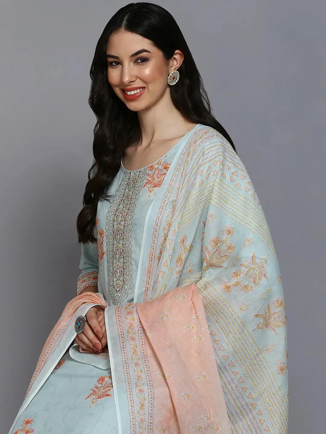 Cotton Blend Blue Printed Straight Kurta Pant-VKSKD1886