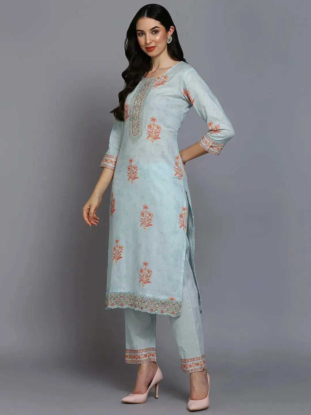 Cotton Blend Blue Printed Straight Kurta Pant-VKSKD1886