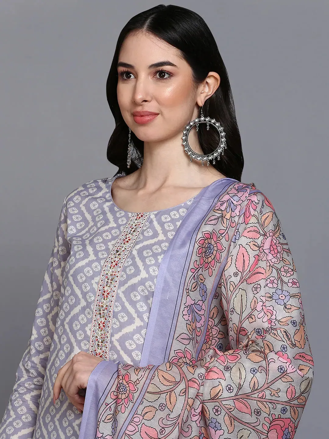 Cotton Blue Printed Straight Kurta Pant With-VKSKD1906