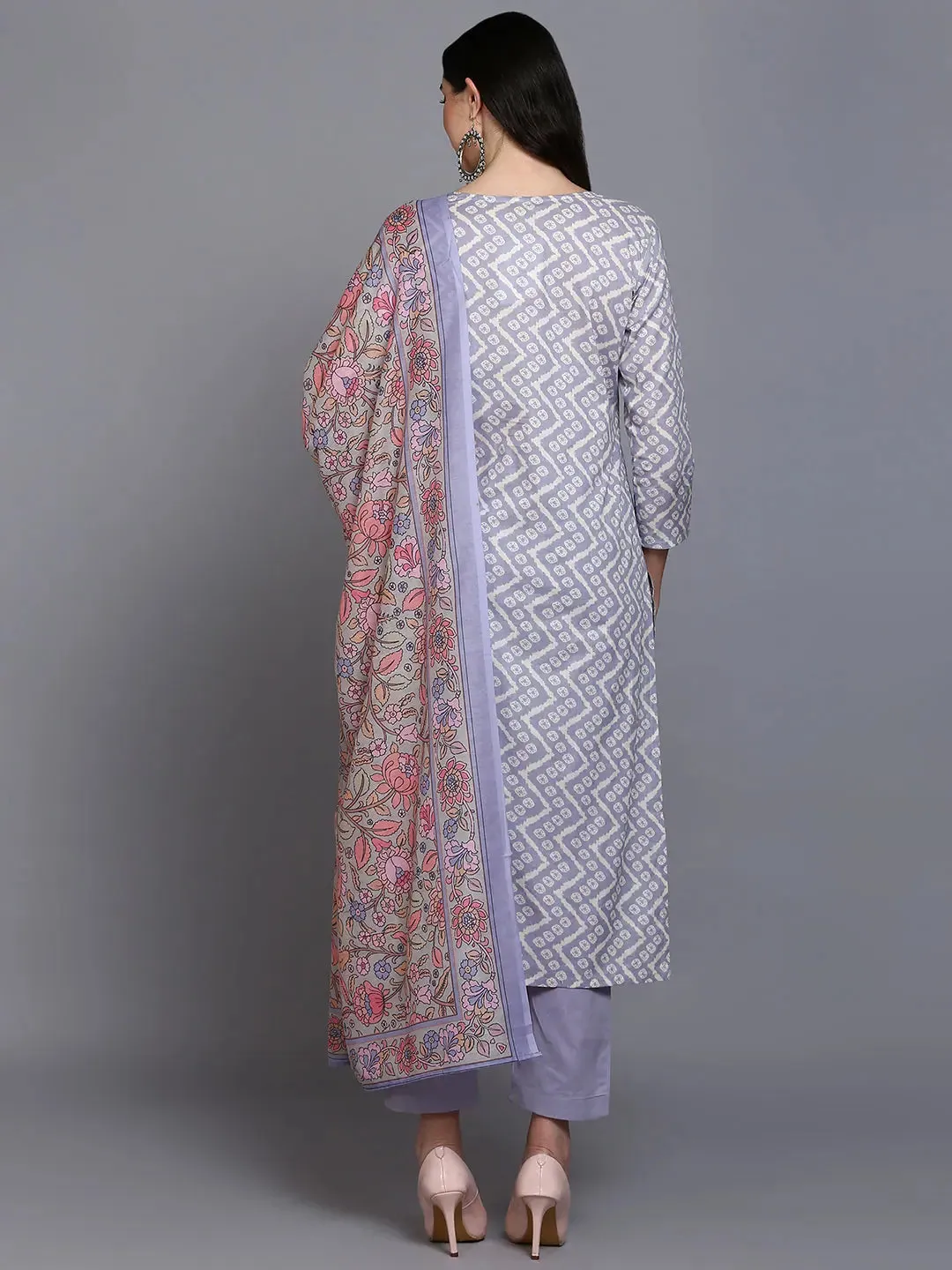 Cotton Blue Printed Straight Kurta Pant With-VKSKD1906