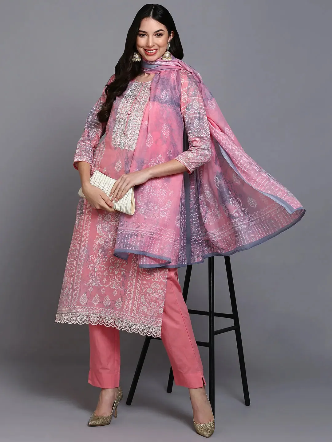 Cotton Peach Printed Straight Kurta Pant With-VKSKD1914