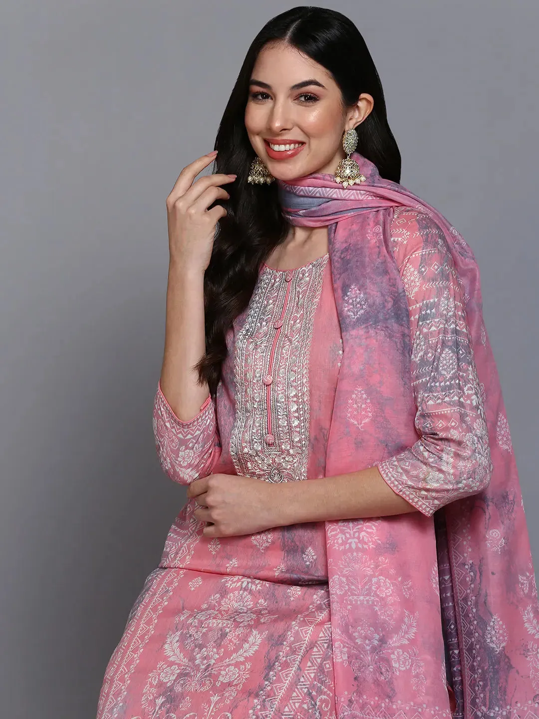 Cotton Peach Printed Straight Kurta Pant With-VKSKD1914