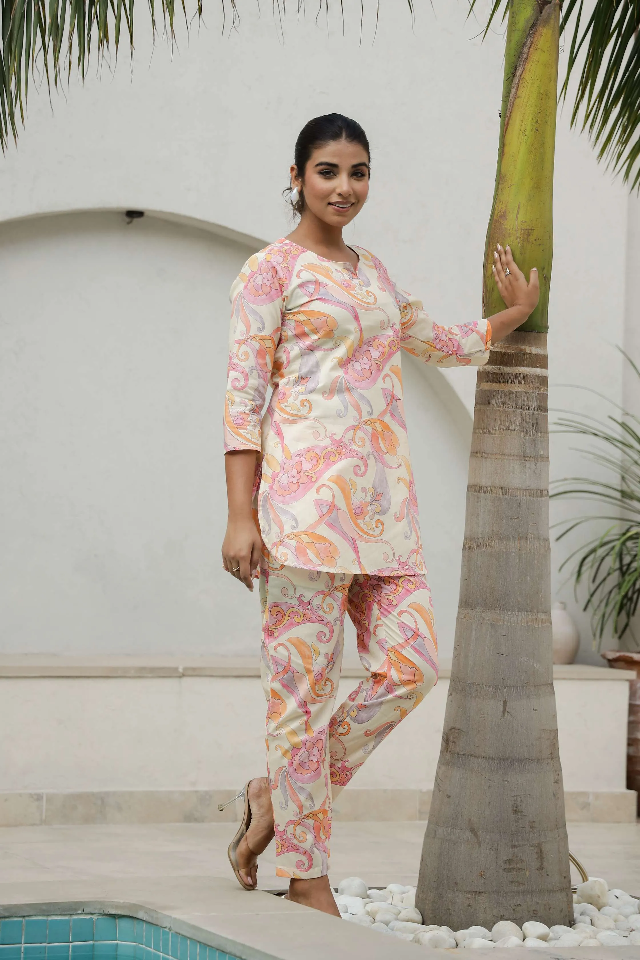 Cream & Coral Printed Co-Ord Set for Women – Elegant Summer Style